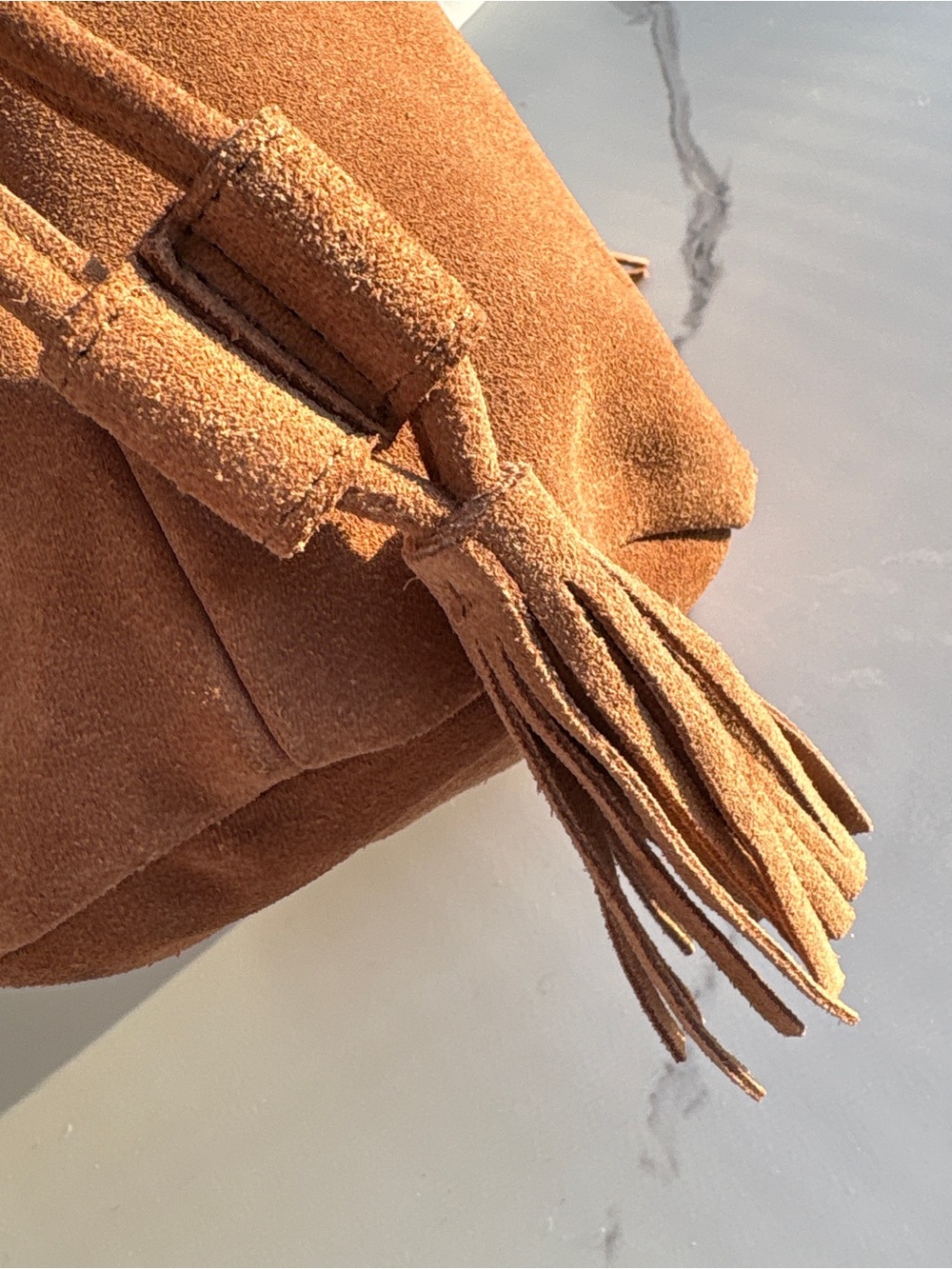 World Market Brown Suede Bucket Bag Metal Ring Handle Drawstring Leather Purse - Picture 3 of 9